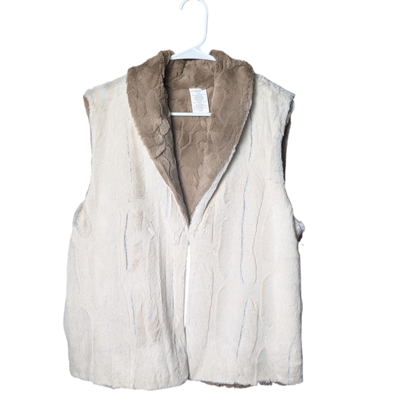 Alfred Dunner Cream Brown Reversible Open Front Vest Super Soft Faux Fur Pockets - Picture 1 of 14